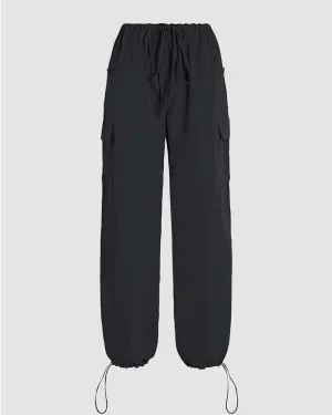 Korean Street Style  Solid Low-Rise Parachute Cargo Pants In Black