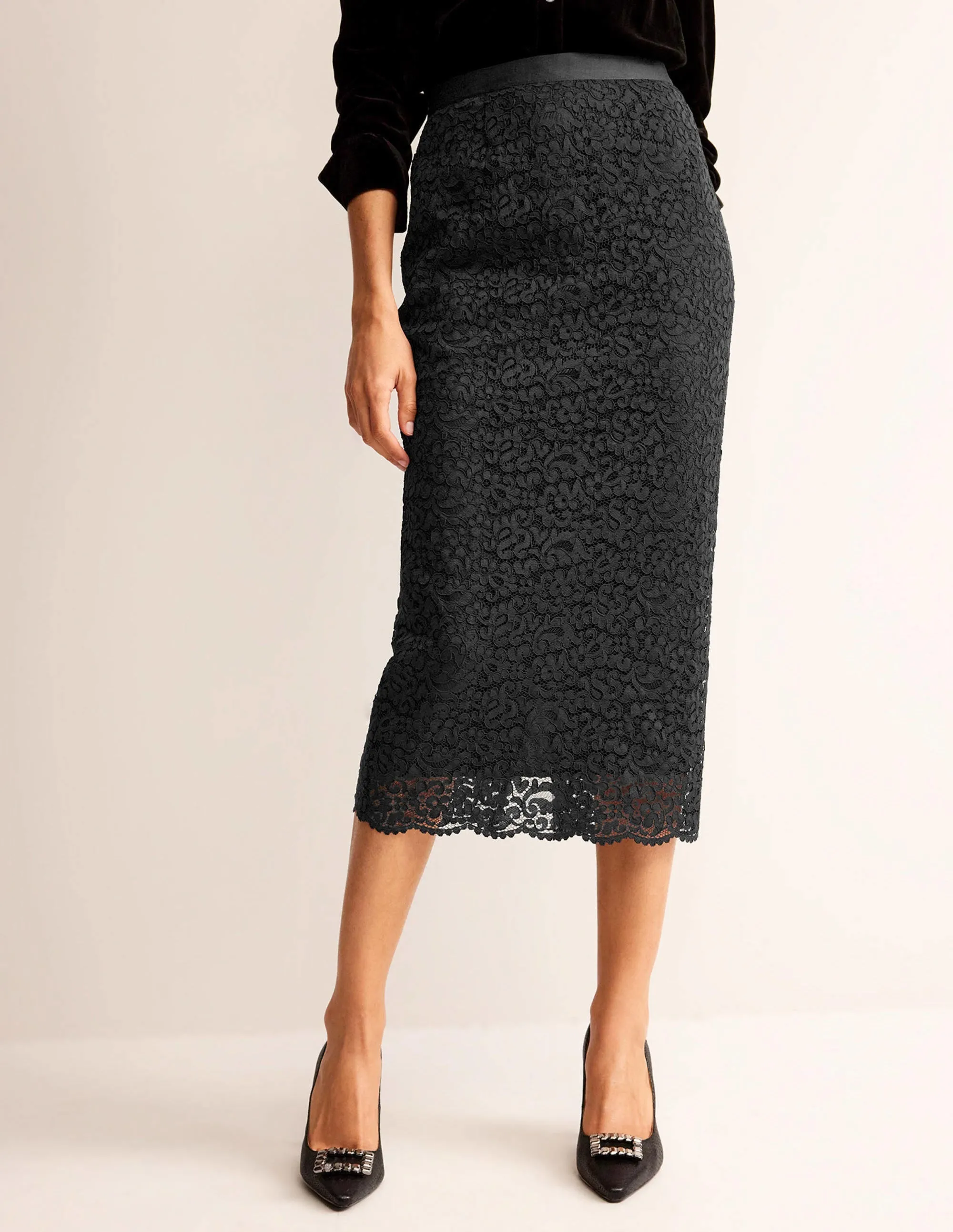Lace Midi Skirt-Black
