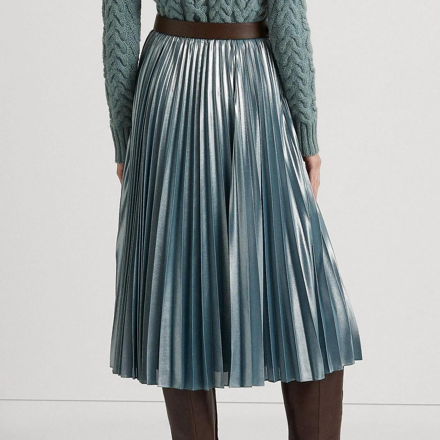 Lauren Ralph Lauren Pleated Metallic Chiffon Skirt Teal