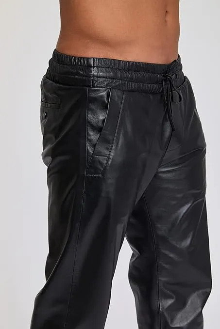 Leather Jackets Hub Mens Genuine Lambskin Leather Pants (Black, Leather Joggers) - 2304003