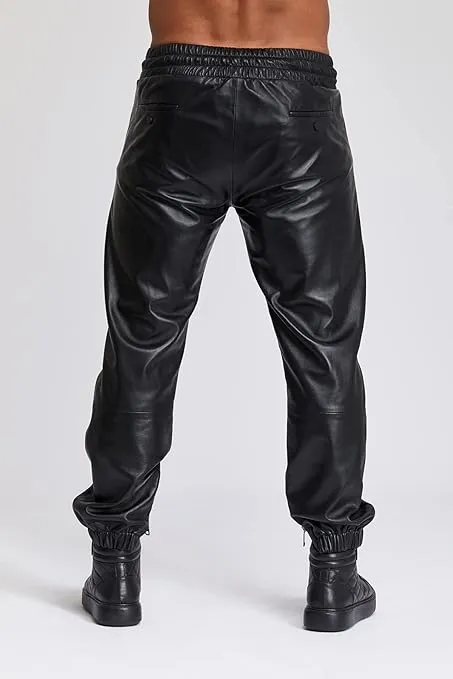 Leather Jackets Hub Mens Genuine Lambskin Leather Pants (Black, Leather Joggers) - 2304003