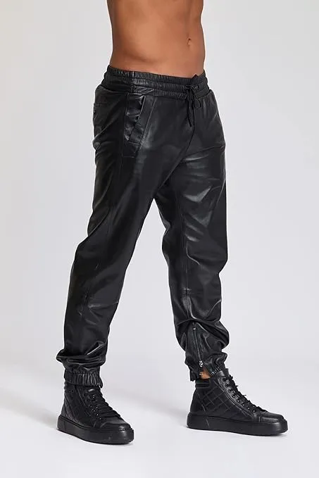 Leather Jackets Hub Mens Genuine Lambskin Leather Pants (Black, Leather Joggers) - 2304003