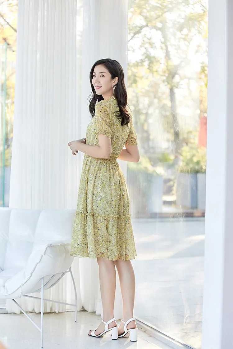 Light Yellow High Waist Floral Midi Dress