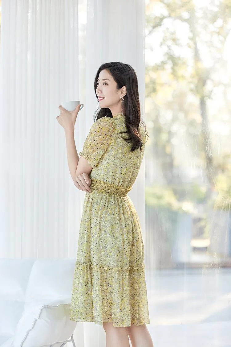 Light Yellow High Waist Floral Midi Dress