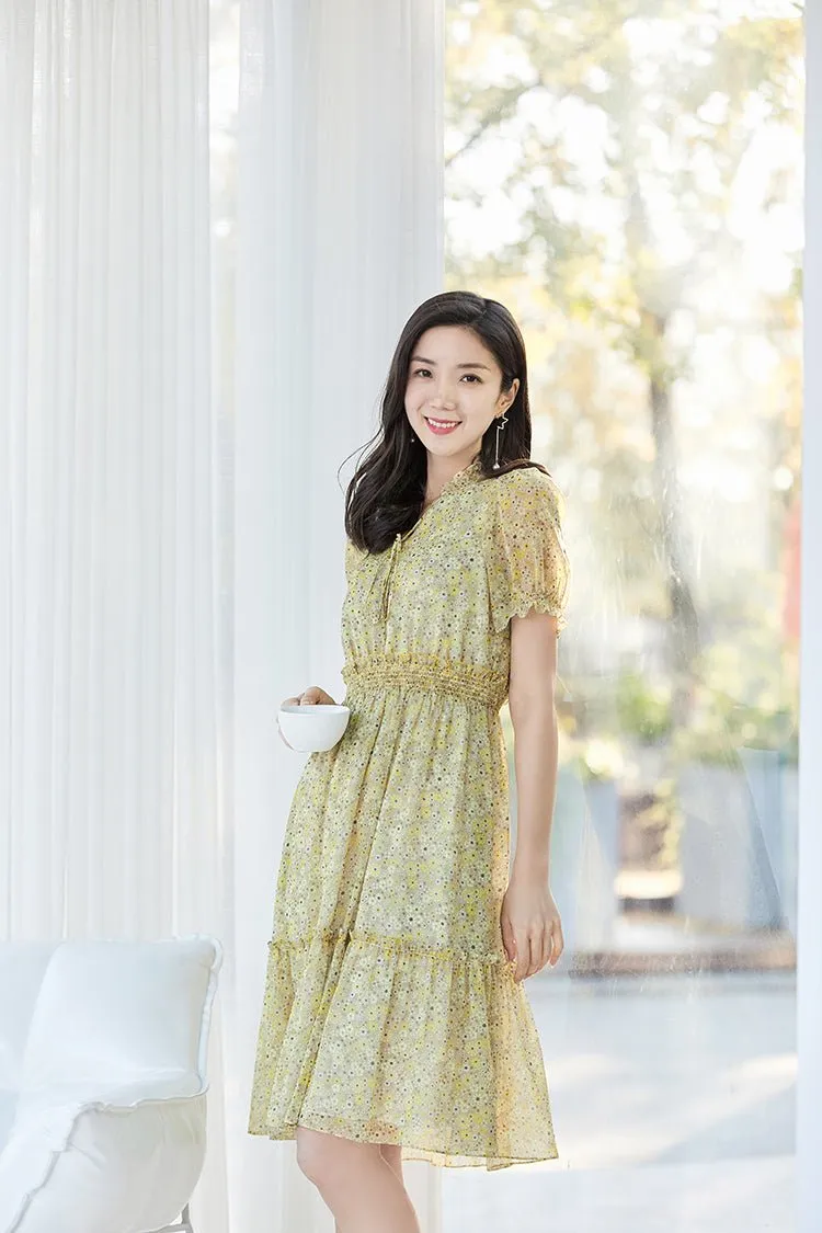 Light Yellow High Waist Floral Midi Dress