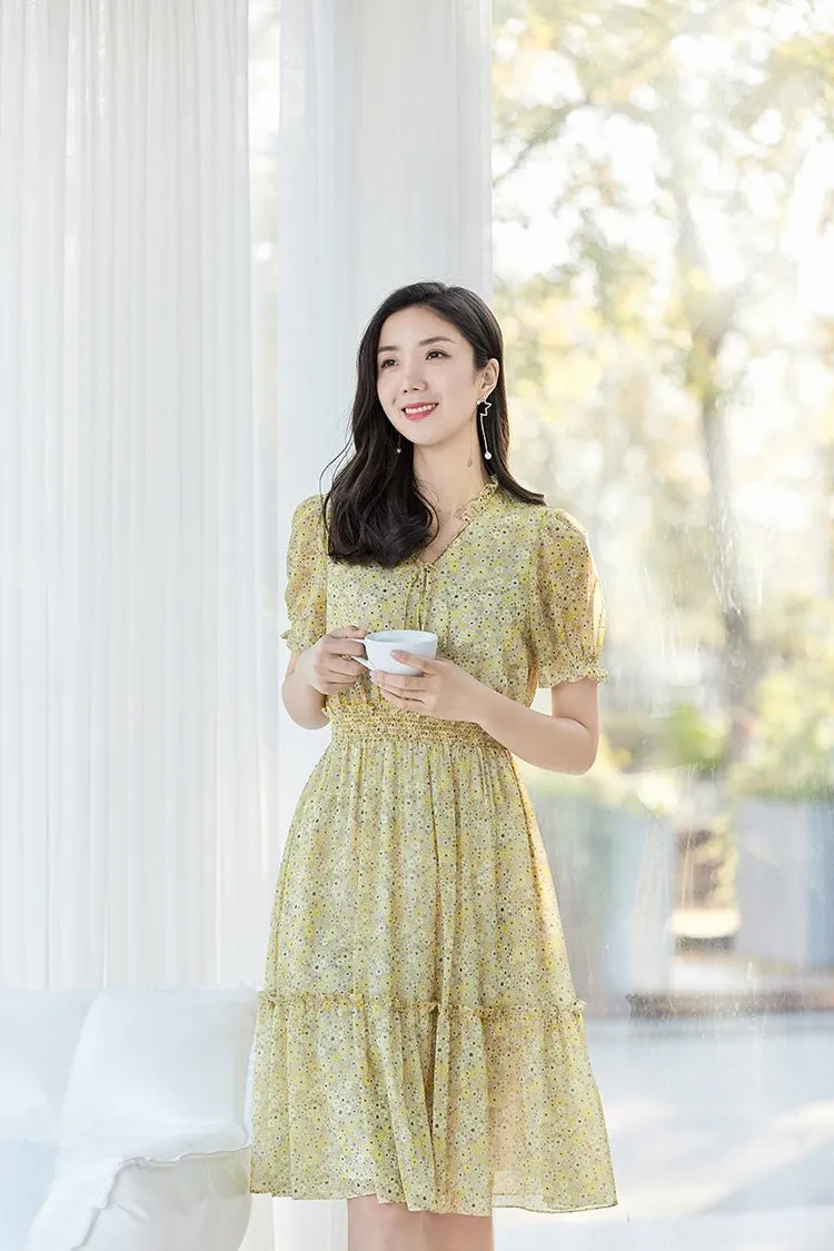 Light Yellow High Waist Floral Midi Dress