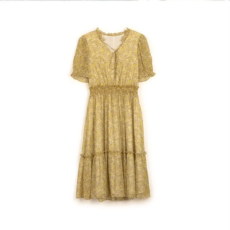 Light Yellow High Waist Floral Midi Dress