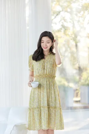 Light Yellow High Waist Floral Midi Dress