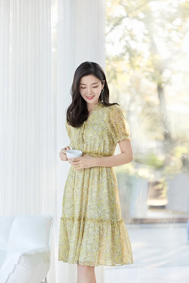 Light Yellow High Waist Floral Midi Dress