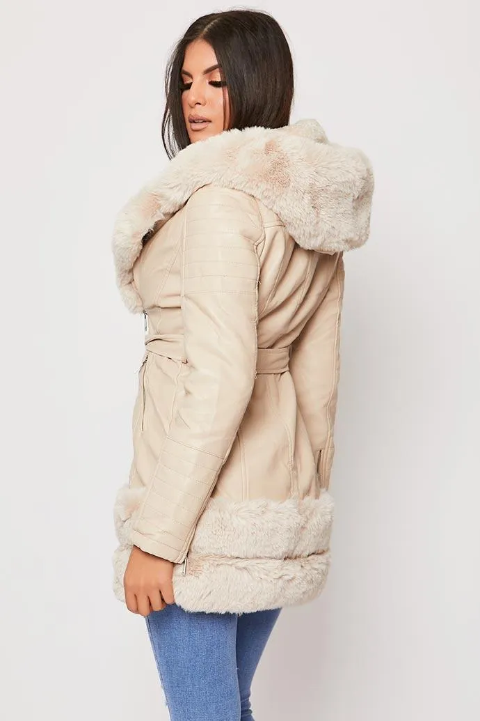 Londyn - Cream Faux Fur Hooded Aviator Coat