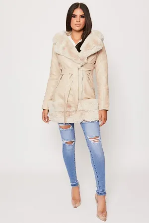 Londyn - Cream Faux Fur Hooded Aviator Coat