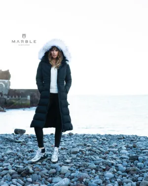 Long Puffer Coat w/ Faux Fur Trim Hood