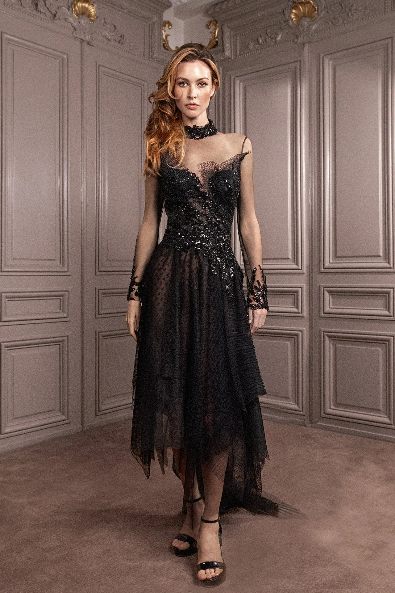 Long-Sleeved Tulle Flared Midi Dress