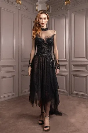 Long-Sleeved Tulle Flared Midi Dress