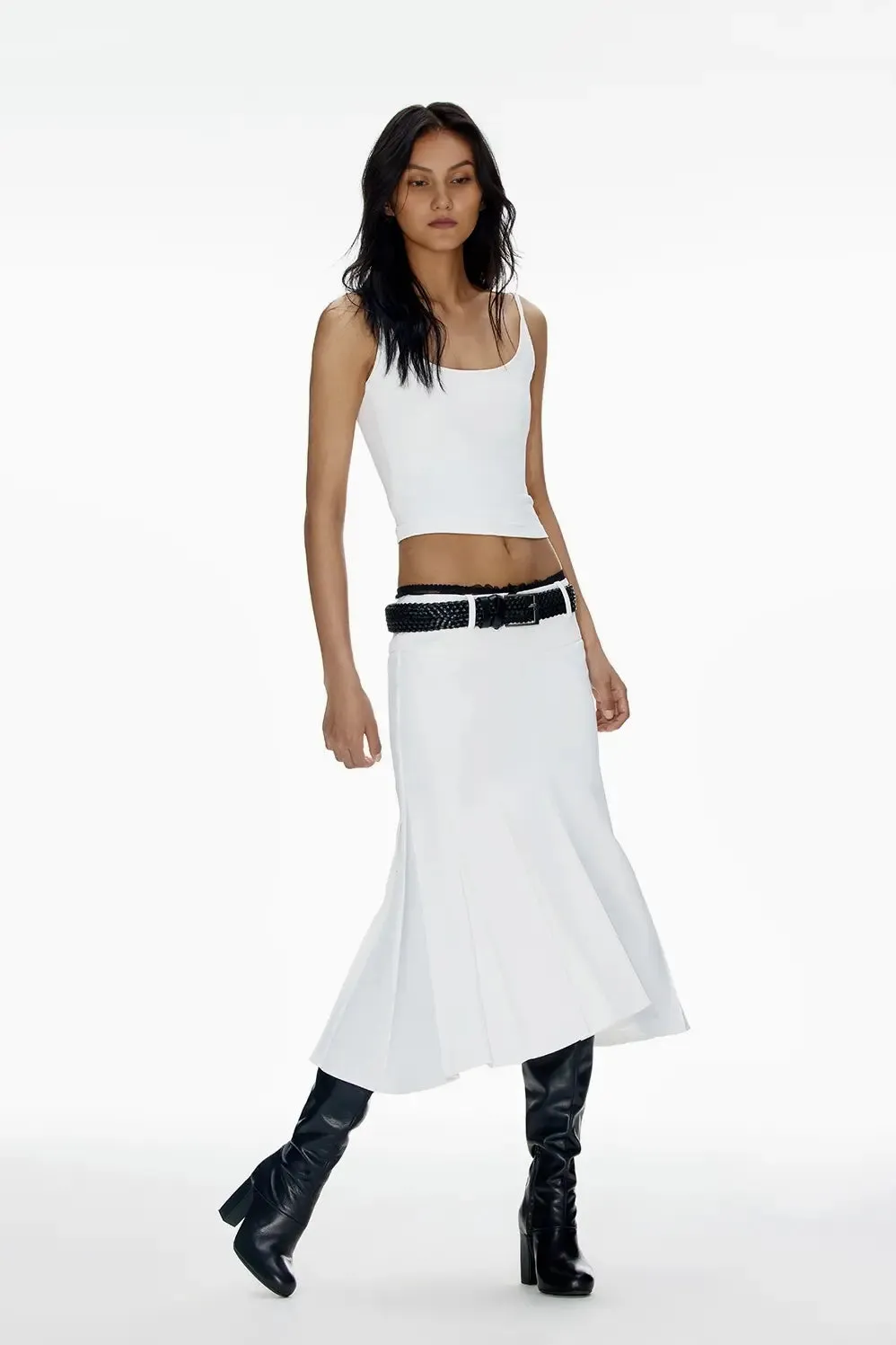 Low Waist White Pleated Mermaid Midi Skirt