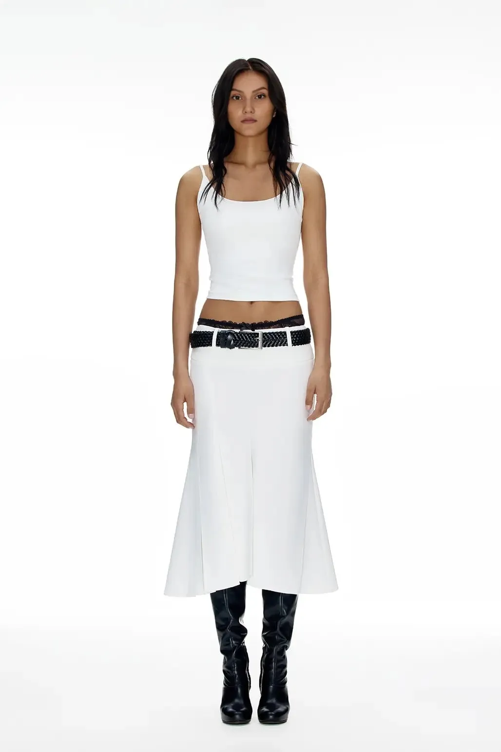 Low Waist White Pleated Mermaid Midi Skirt