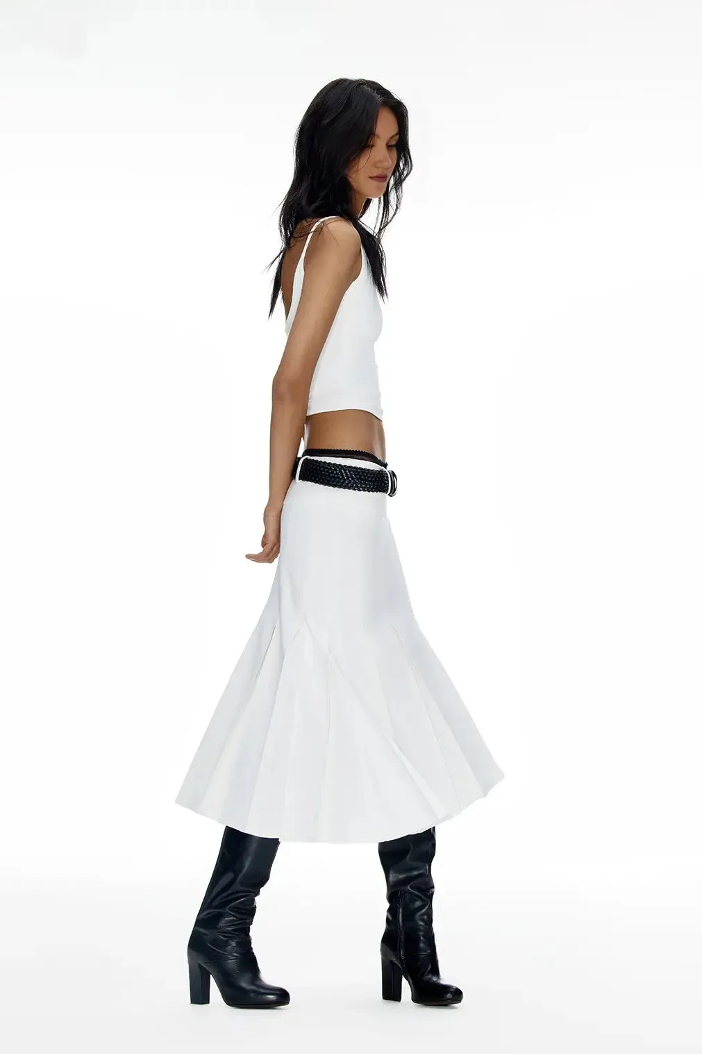 Low Waist White Pleated Mermaid Midi Skirt
