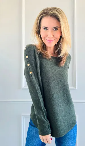 Luxe Shoulder Italian Knit Sweater- Olive