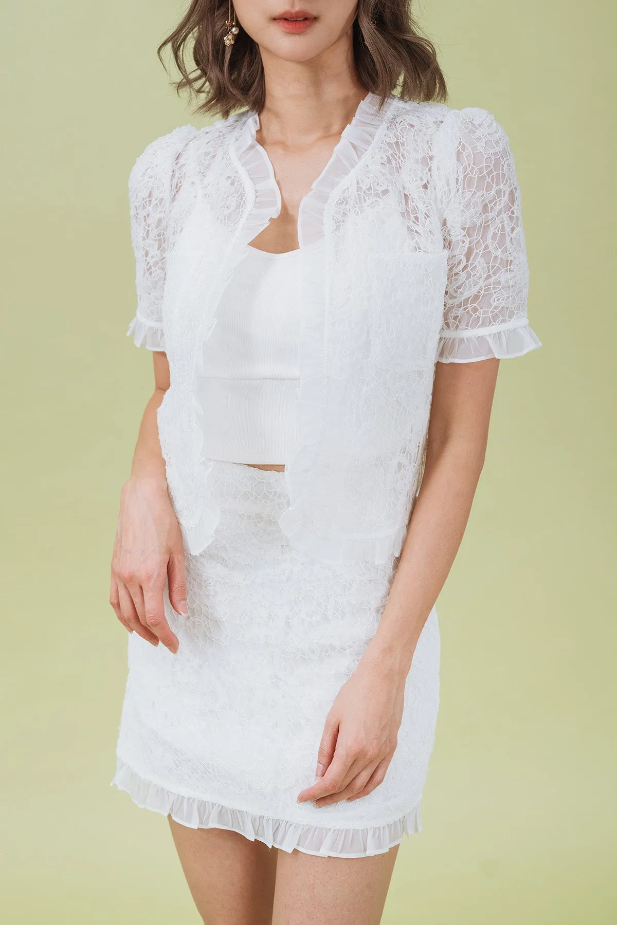Marvitta Sheer Lace Ruffled Short Sleeve Cardigan and Skirt Set