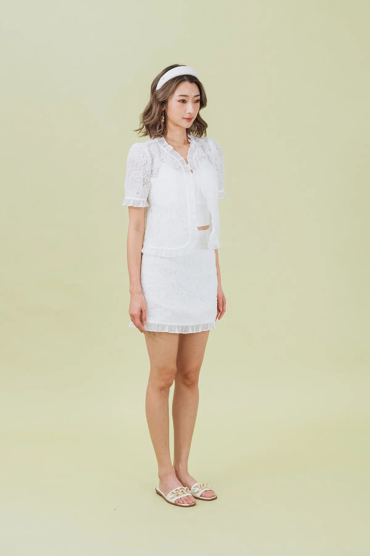 Marvitta Sheer Lace Ruffled Short Sleeve Cardigan and Skirt Set