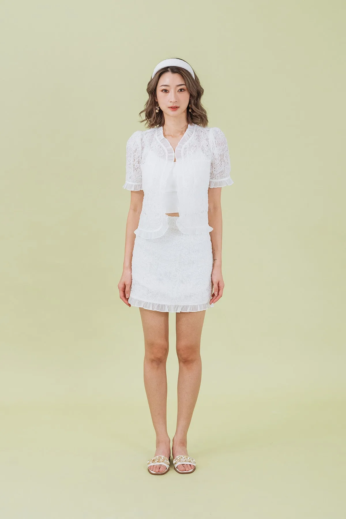 Marvitta Sheer Lace Ruffled Short Sleeve Cardigan and Skirt Set