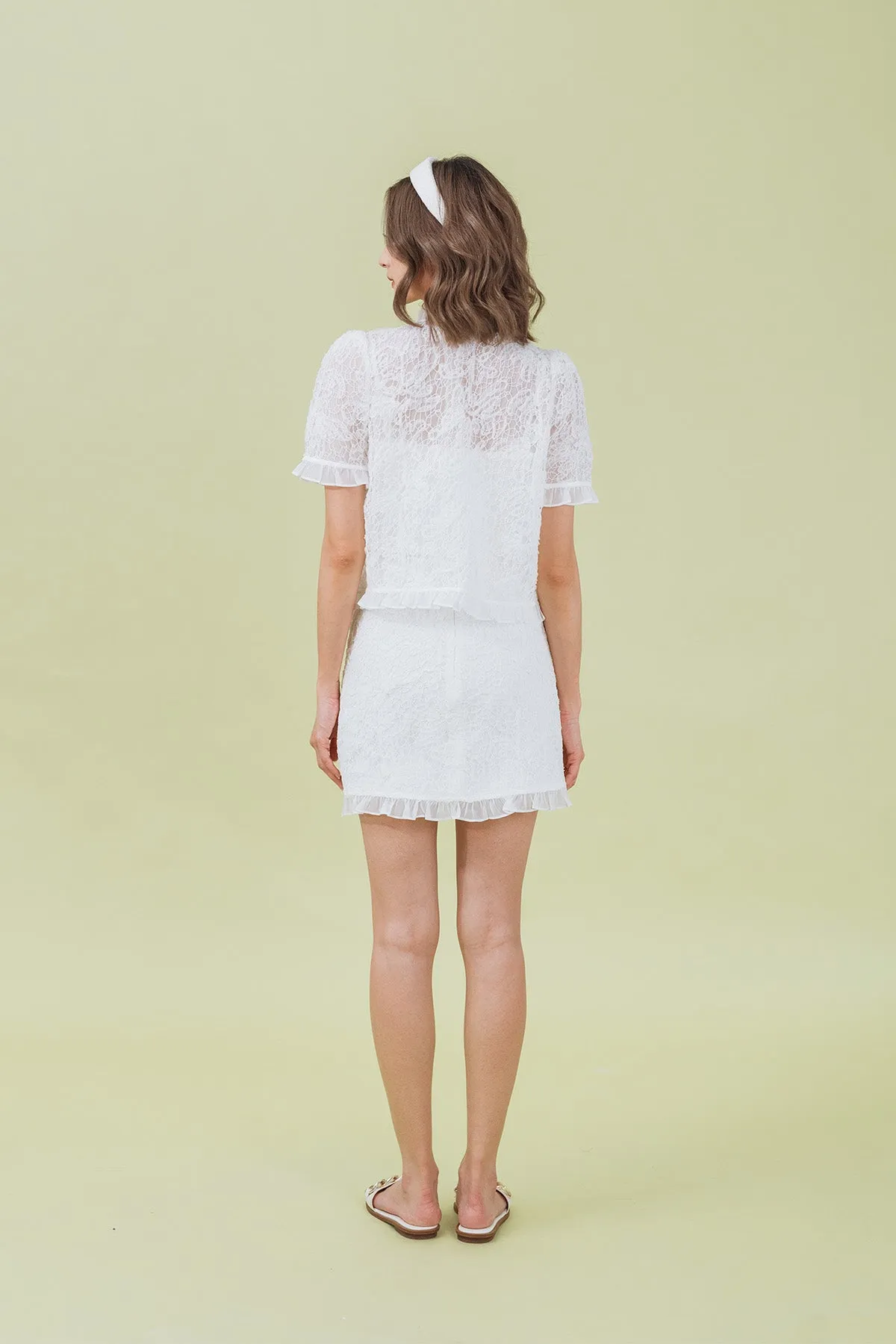Marvitta Sheer Lace Ruffled Short Sleeve Cardigan and Skirt Set