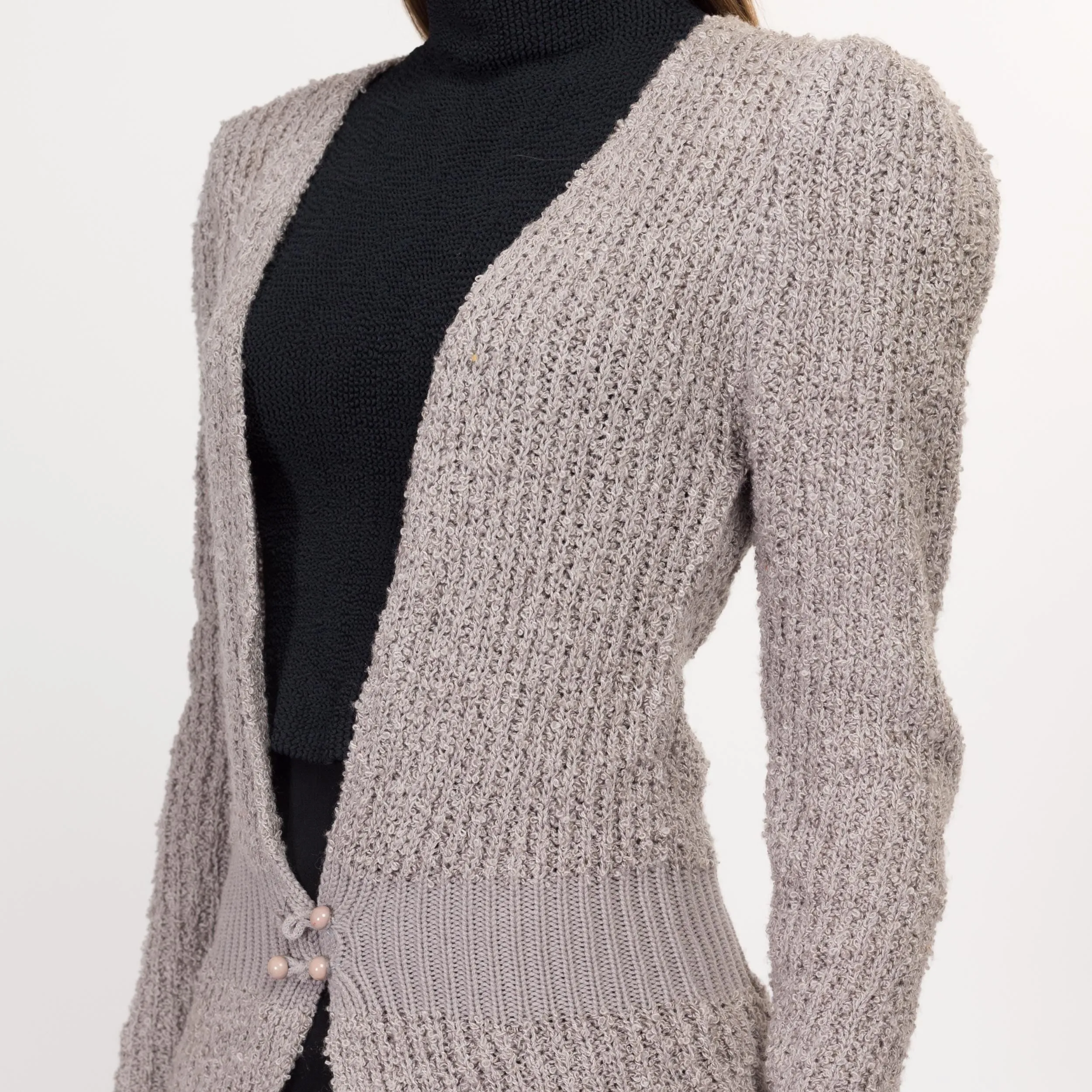 Medium 80s Taupe Boucle Knit Fitted Waist Cardigan