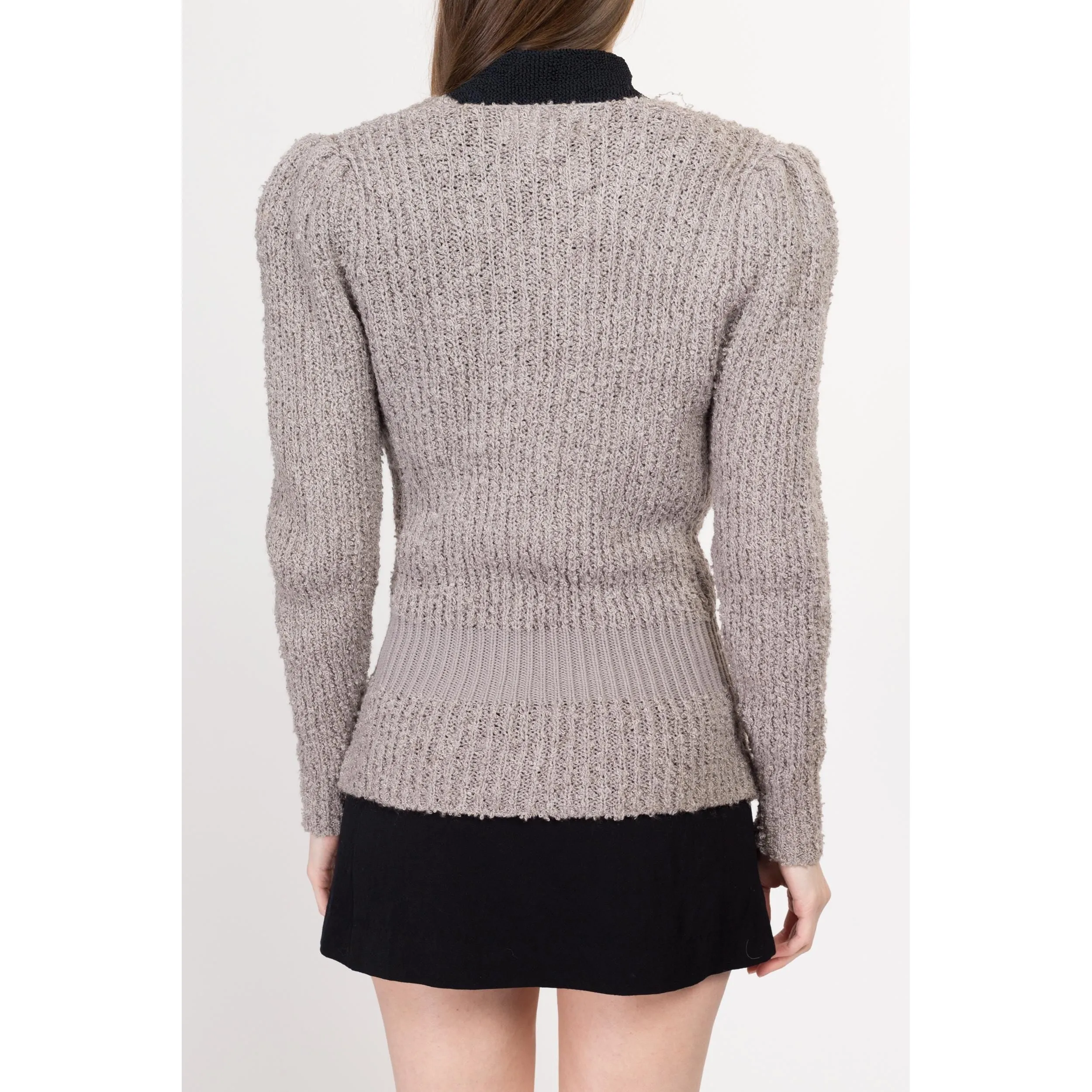 Medium 80s Taupe Boucle Knit Fitted Waist Cardigan