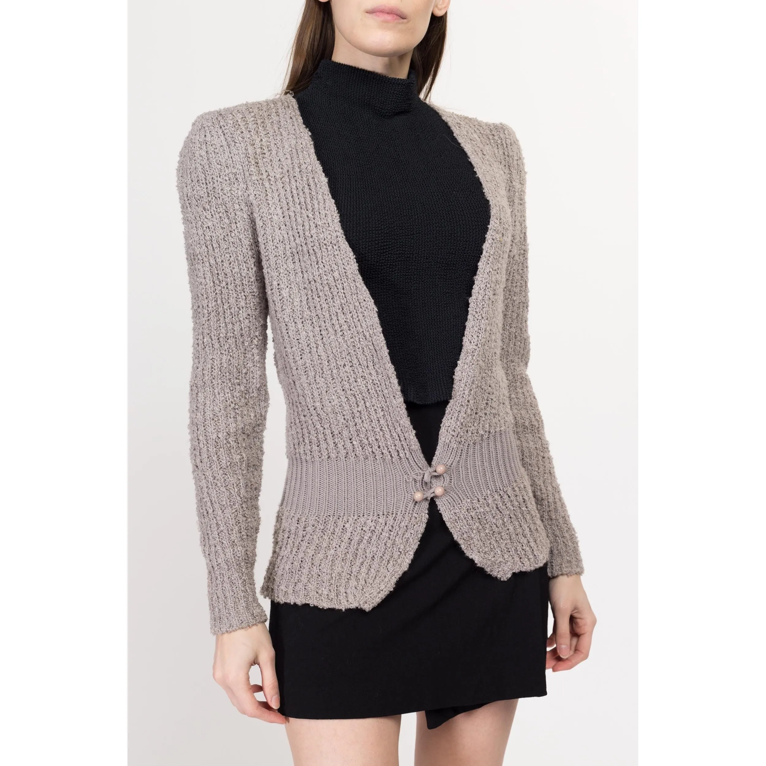 Medium 80s Taupe Boucle Knit Fitted Waist Cardigan