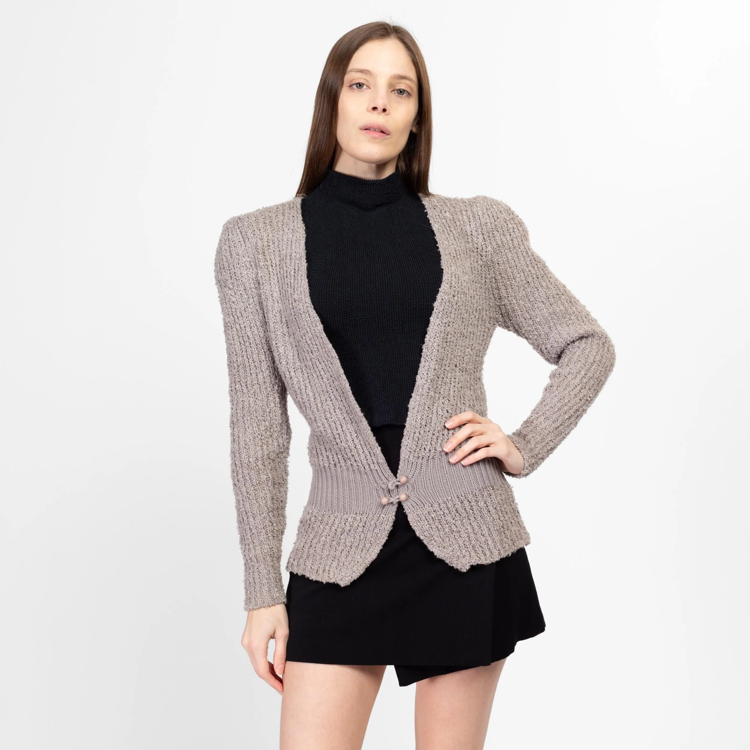 Medium 80s Taupe Boucle Knit Fitted Waist Cardigan