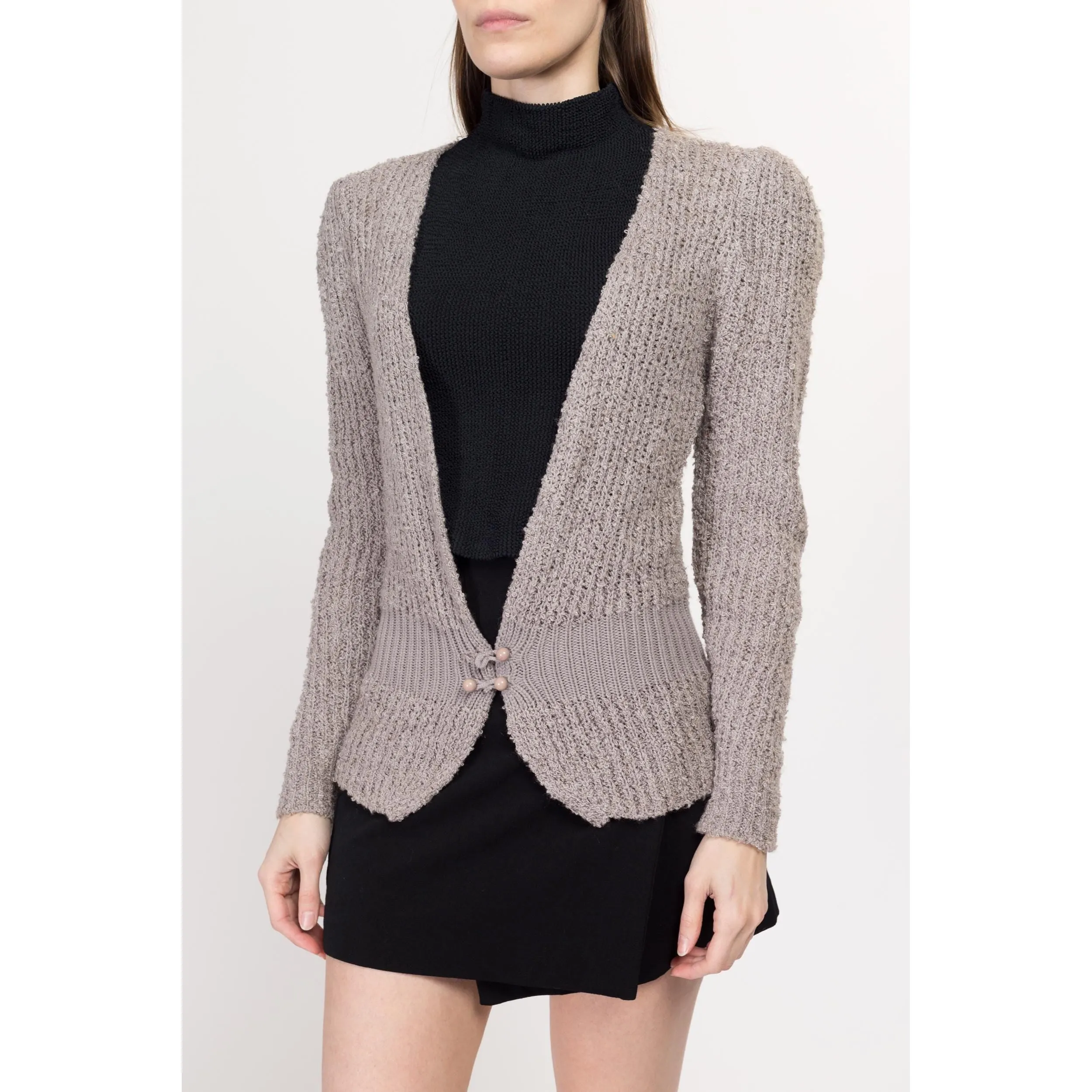 Medium 80s Taupe Boucle Knit Fitted Waist Cardigan