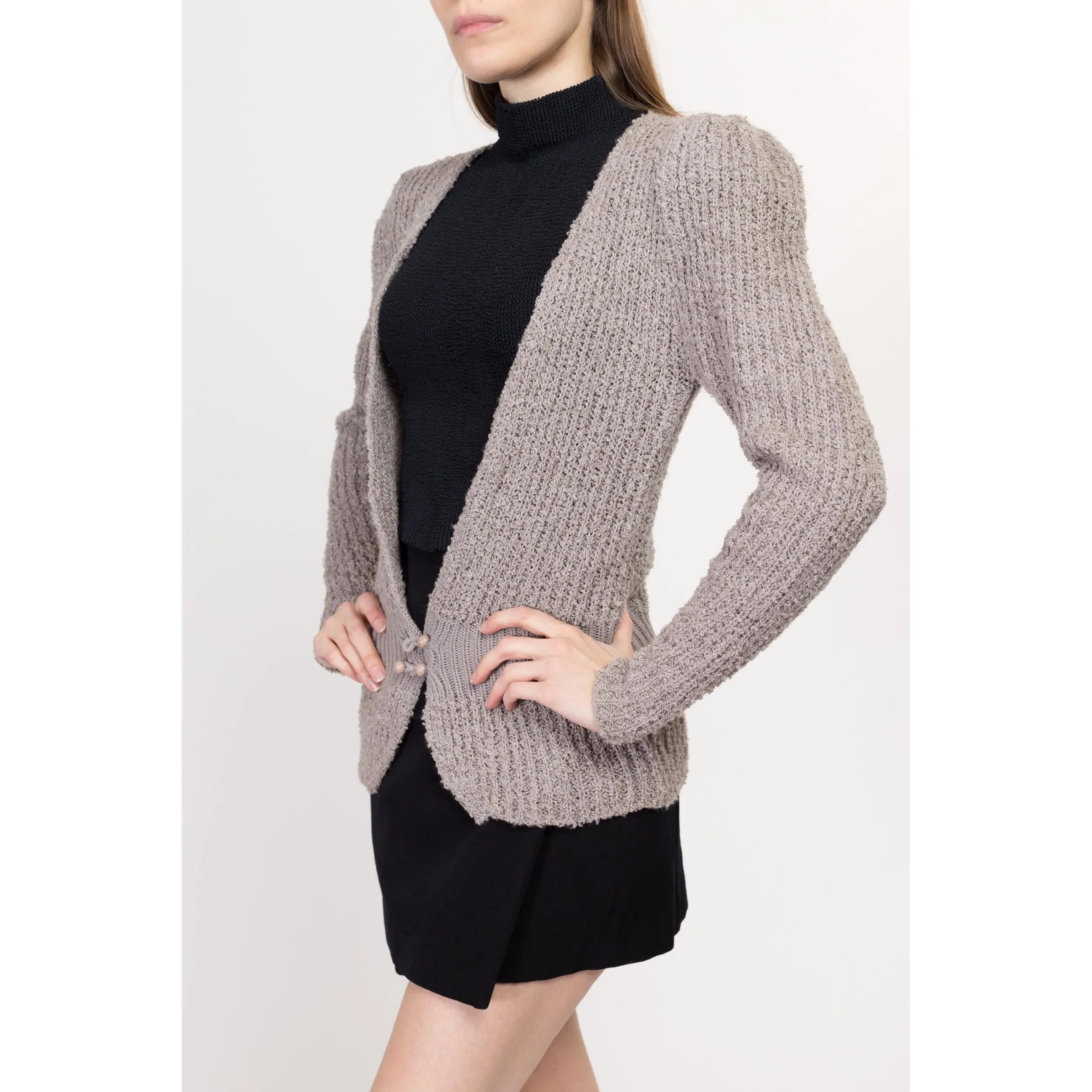 Medium 80s Taupe Boucle Knit Fitted Waist Cardigan