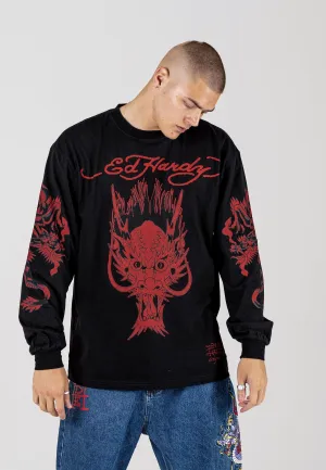 Mens Red-Dragon Long Sleeve T-Shirt - Black