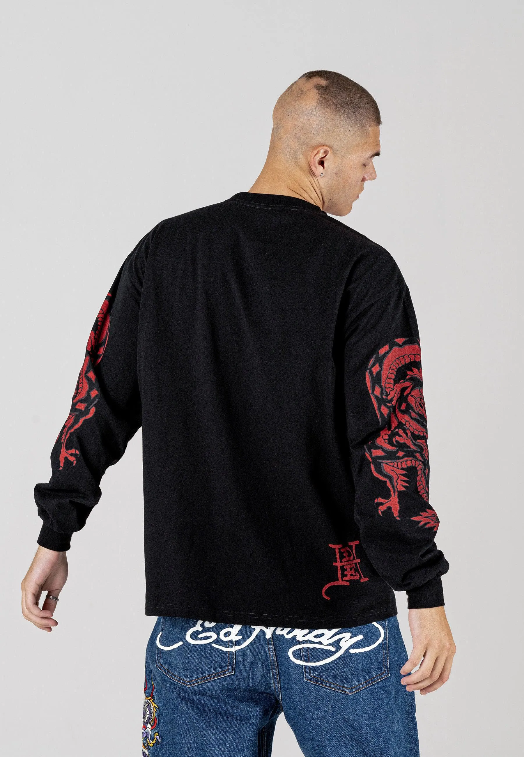 Mens Red-Dragon Long Sleeve T-Shirt - Black