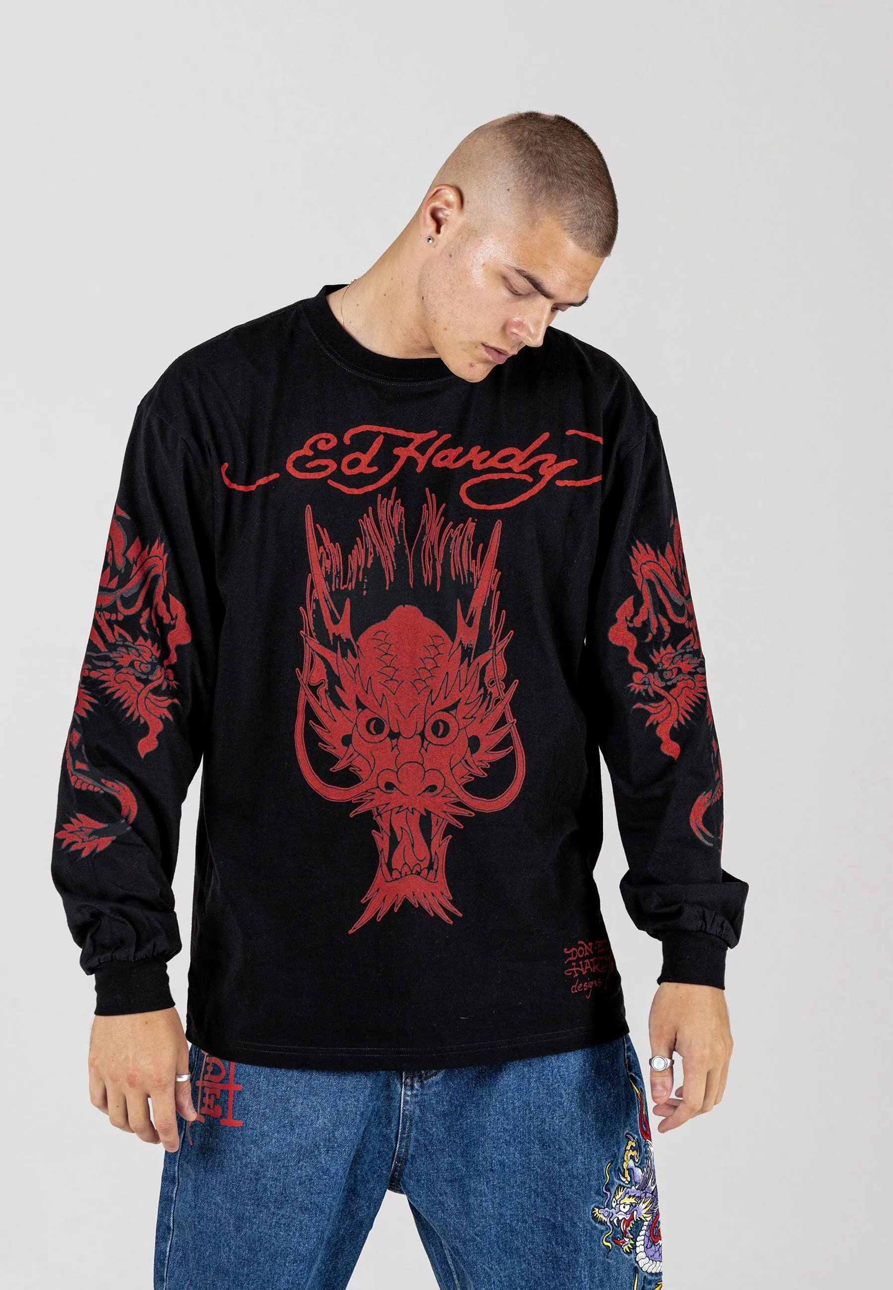 Mens Red-Dragon Long Sleeve T-Shirt - Black