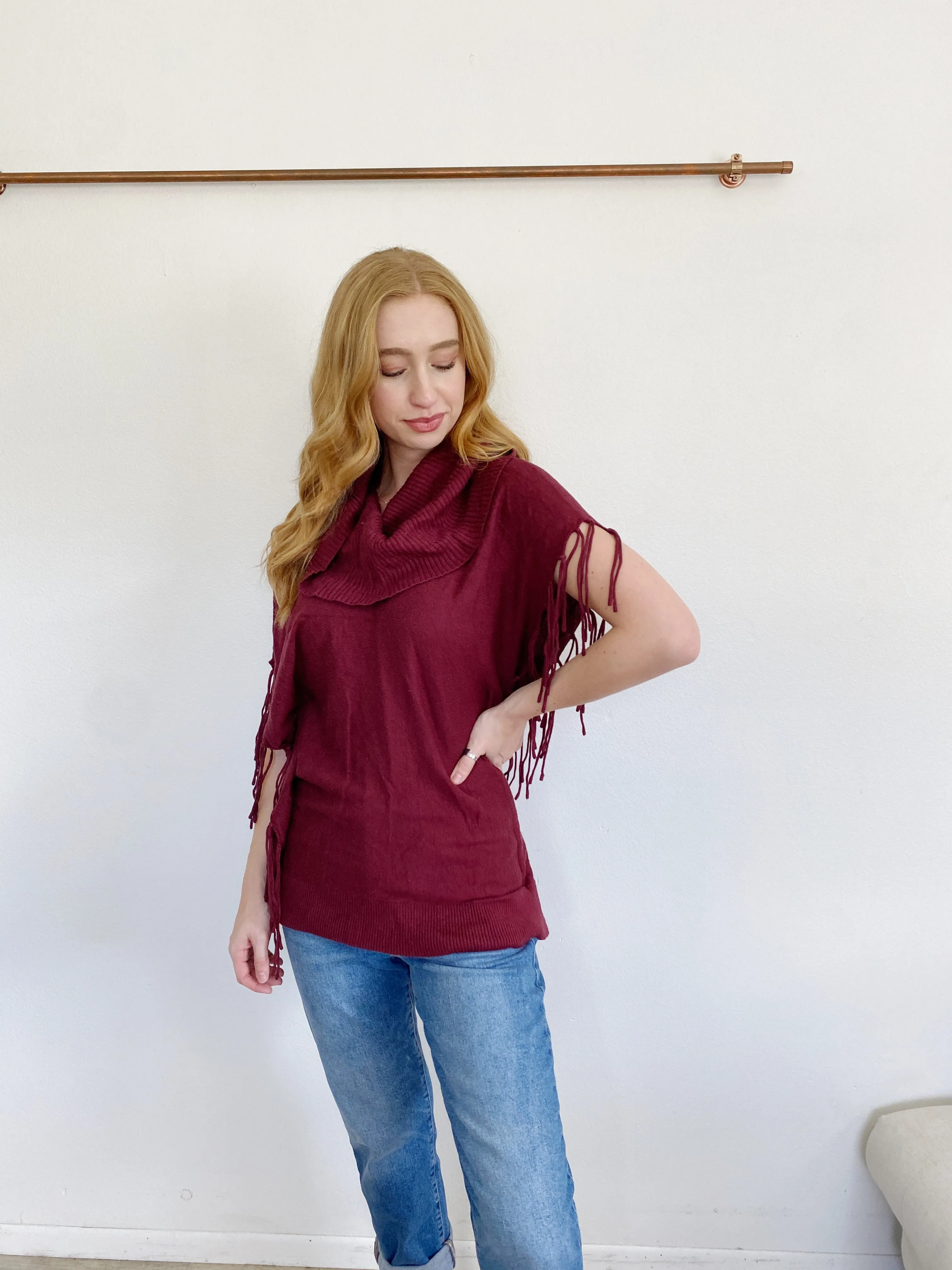 Michael Kors Fringe Merlot Cowl neck Sweater XS