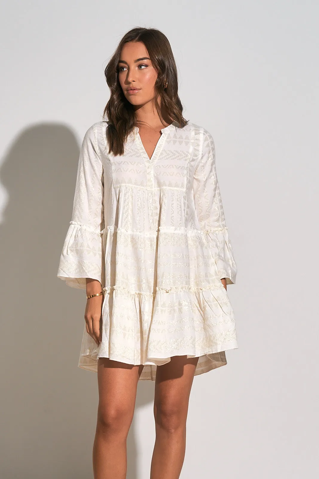 Midi V-Neck Dress- Nat/Gold