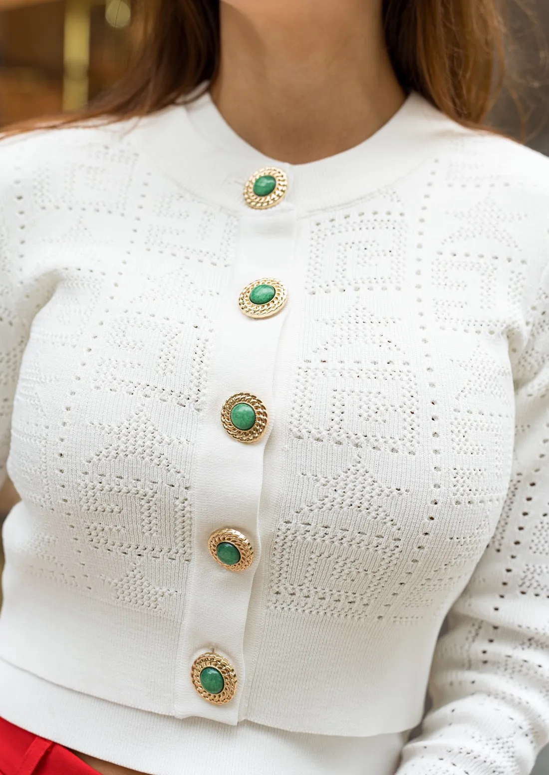 Monogram Knit Cropped Cardigan - Snow White
