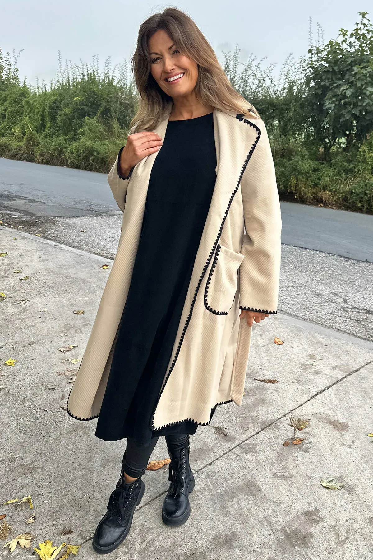 Nadia Trim Belted Coat Stone