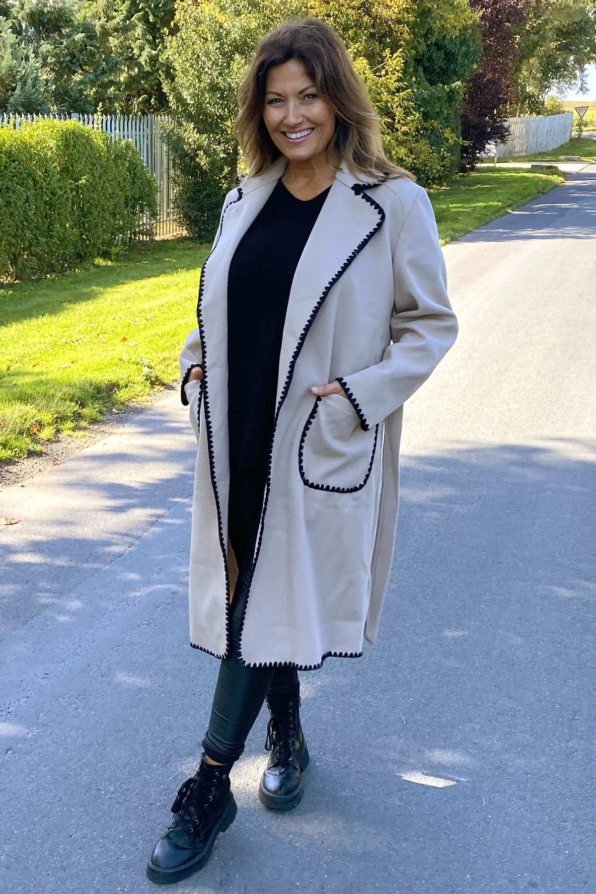 Nadia Trim Belted Coat Stone