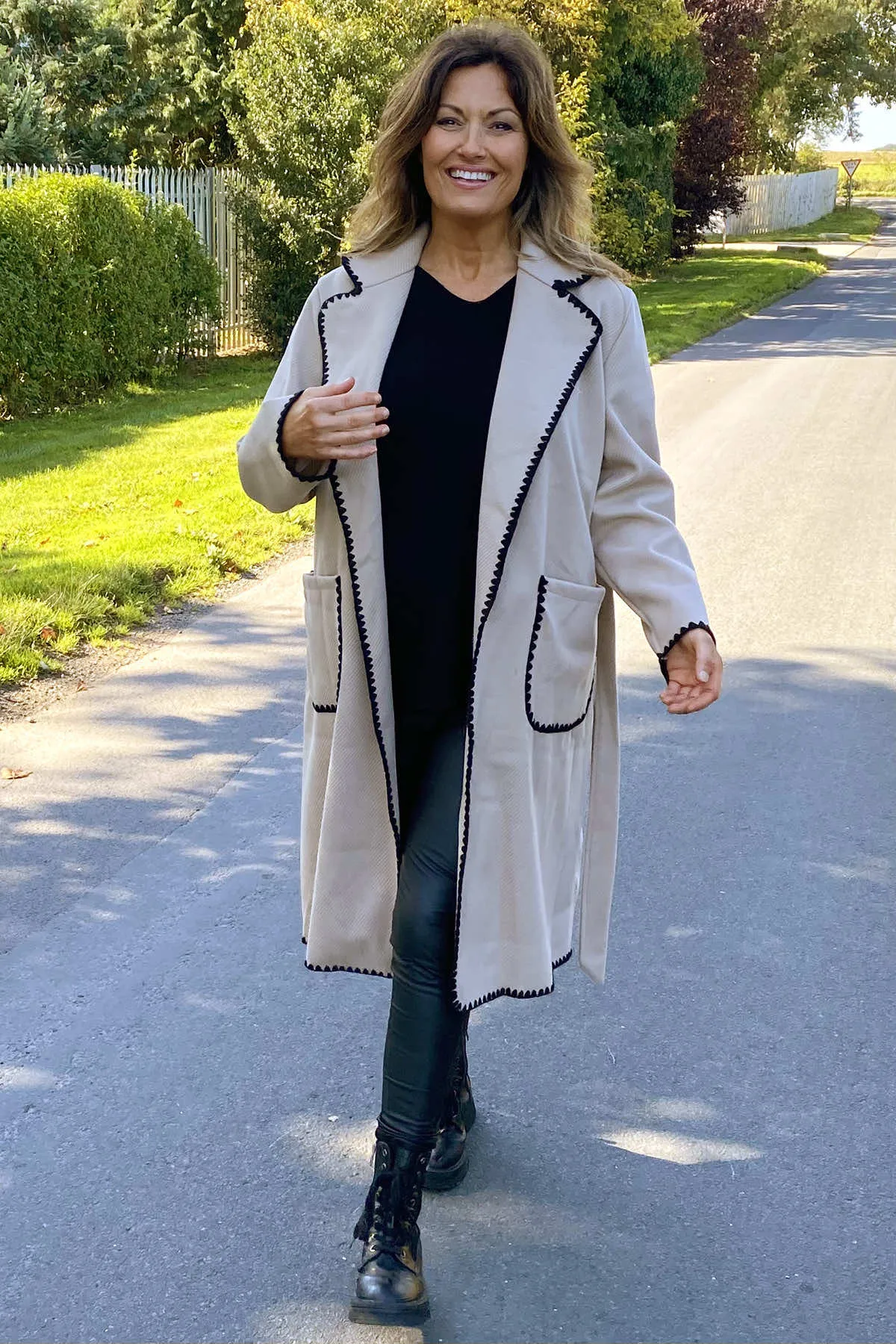 Nadia Trim Belted Coat Stone