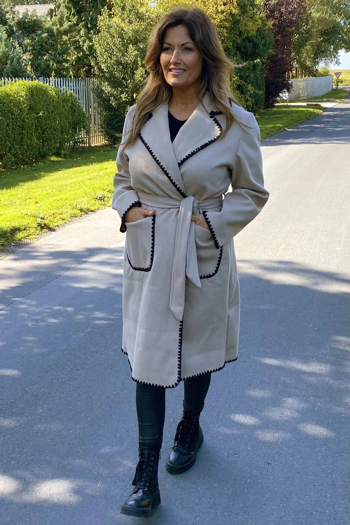 Nadia Trim Belted Coat Stone