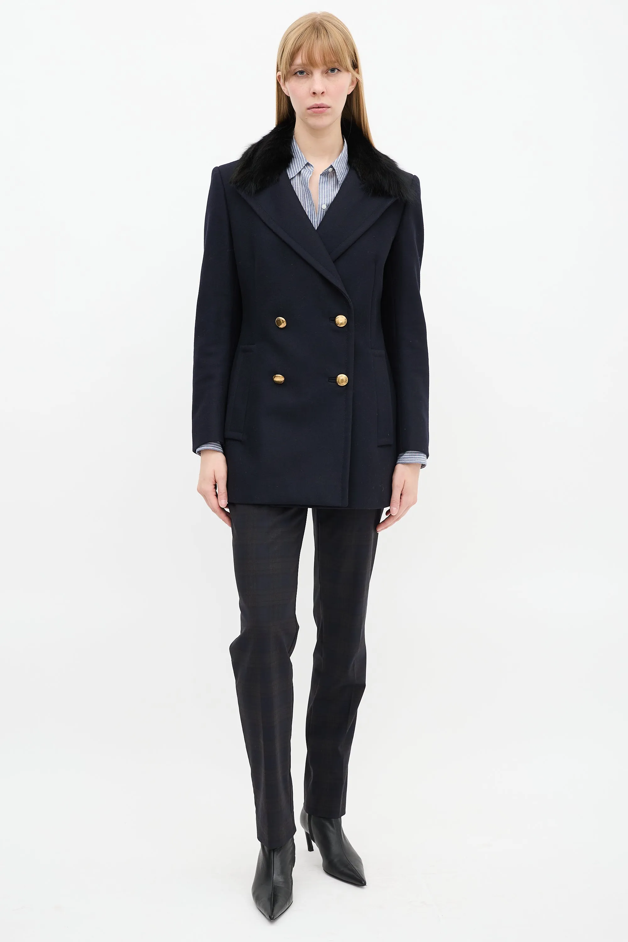 Navy Wool & Nylon Fur Collar Pea Coat