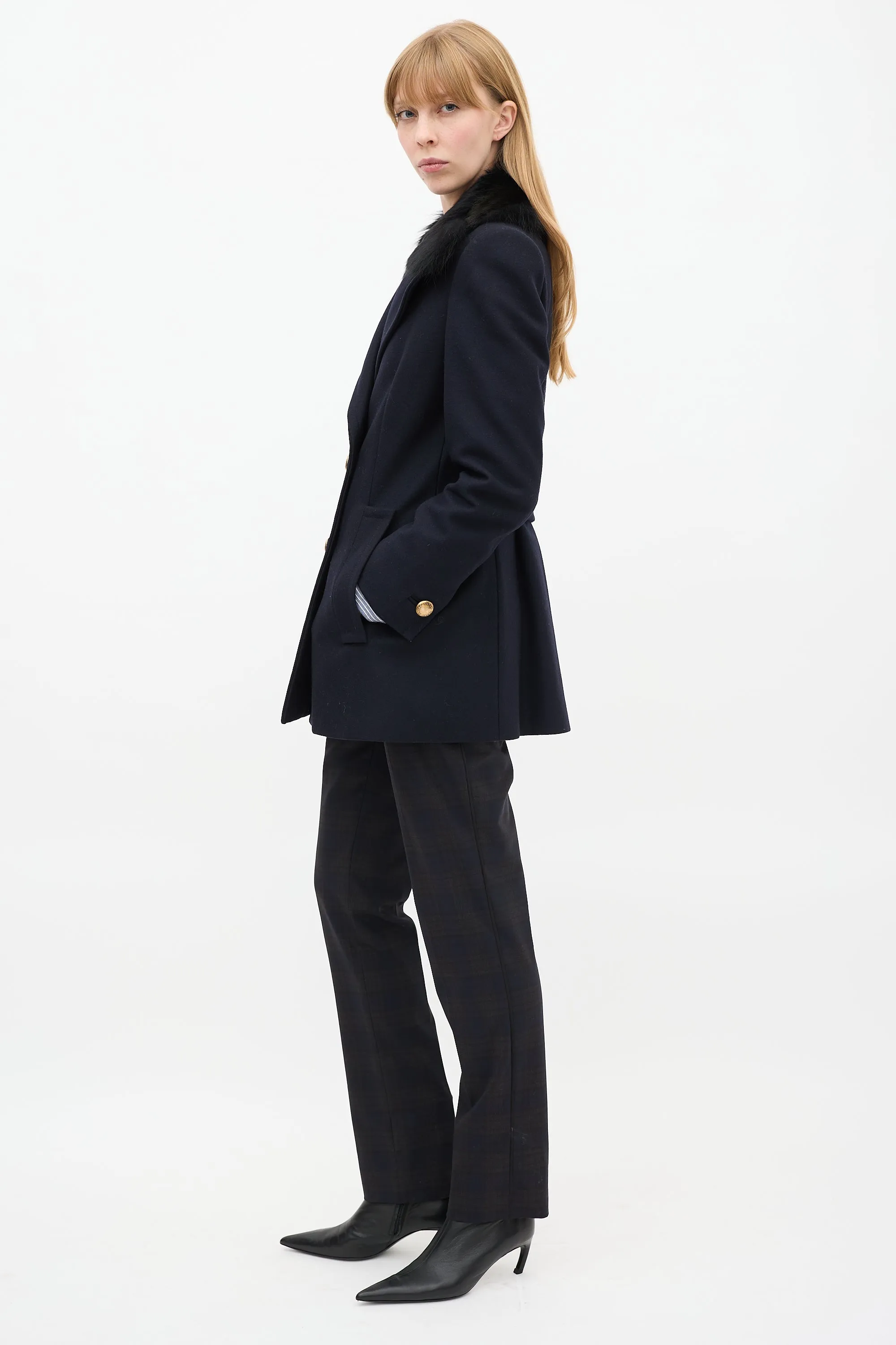 Navy Wool & Nylon Fur Collar Pea Coat
