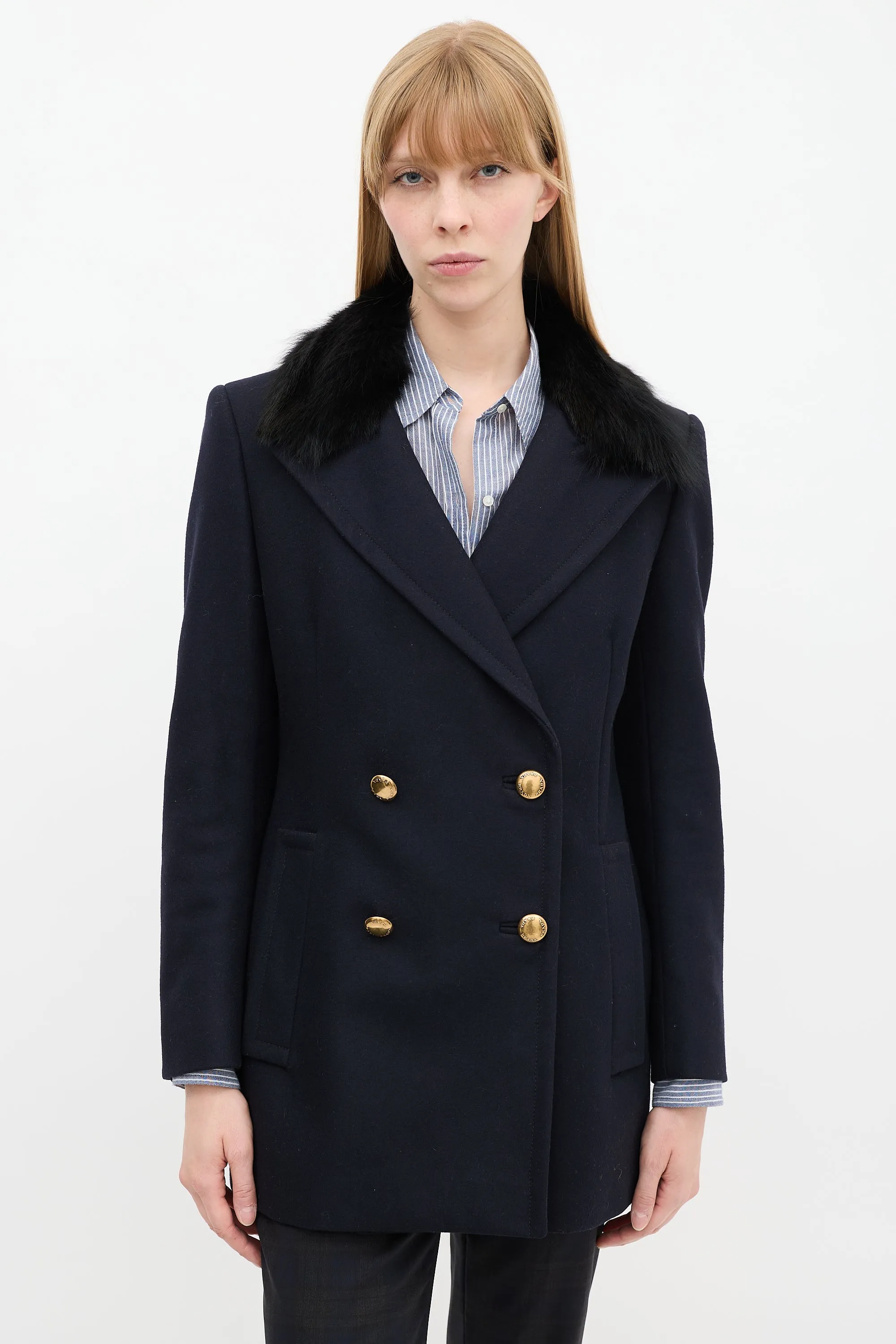 Navy Wool & Nylon Fur Collar Pea Coat