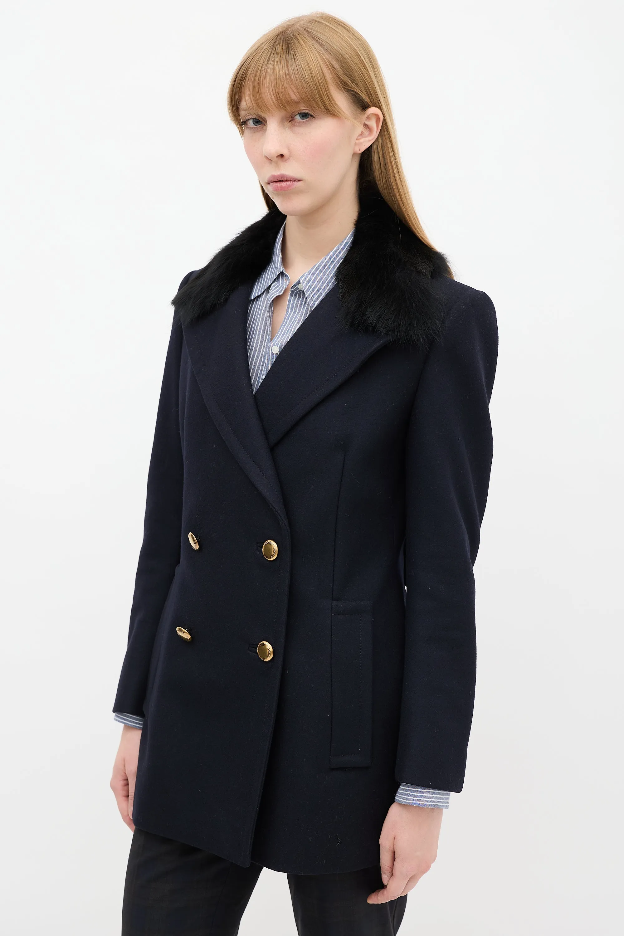 Navy Wool & Nylon Fur Collar Pea Coat