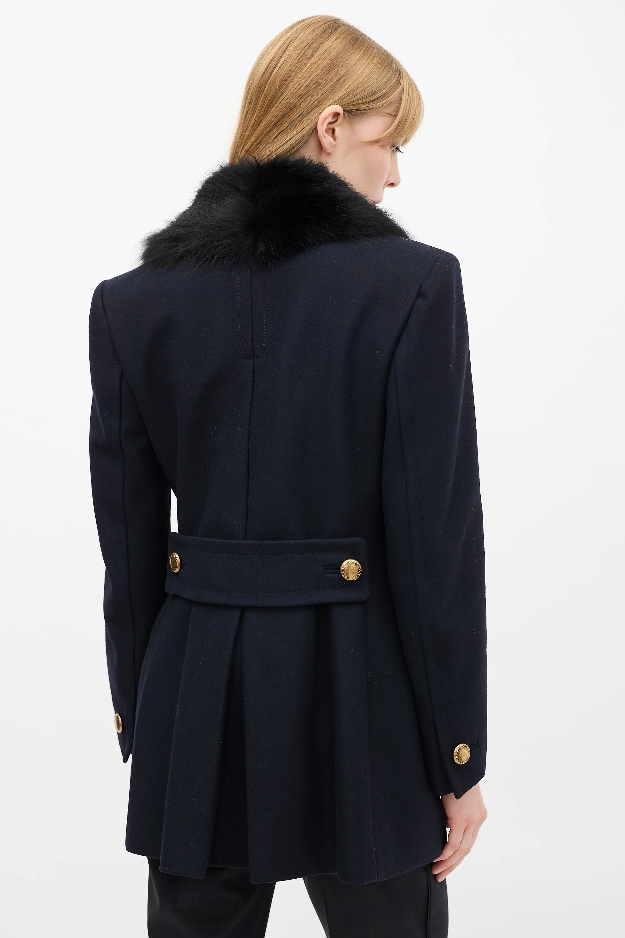 Navy Wool & Nylon Fur Collar Pea Coat