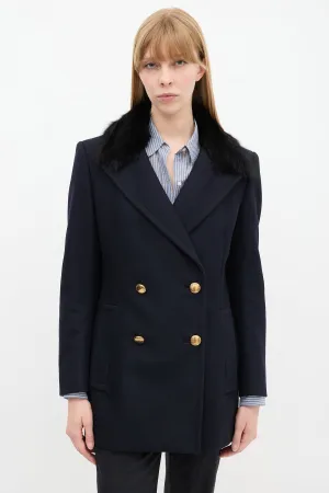 Navy Wool & Nylon Fur Collar Pea Coat