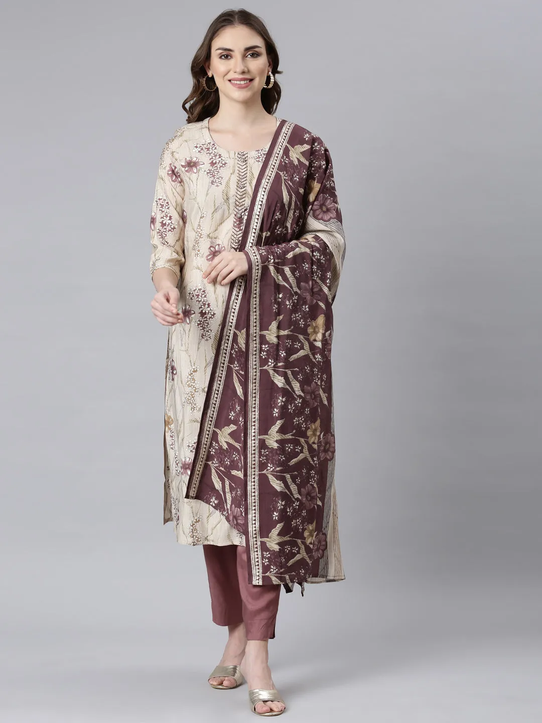 Neerus Lavender Panelled Straight Floral Kurta And Trousers With Dupatta
