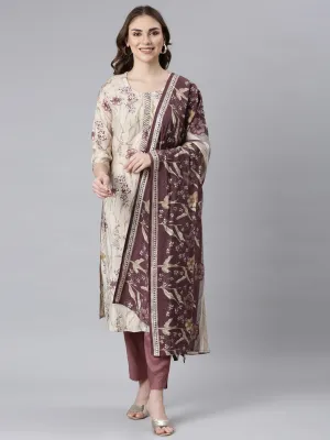 Neerus Lavender Panelled Straight Floral Kurta And Trousers With Dupatta